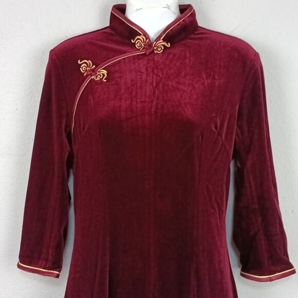 Elegant Velvet Burgundy 3/4 Sleeve Side Slits Cheongsam Dress sz L Whimsigoth - Picture 4 of 13